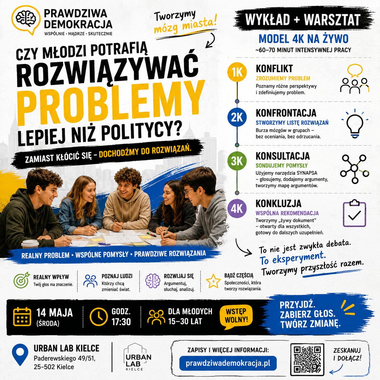Plakat debaty dla młodych - Czy młodzi potrafią rozwiązywać problemy lepiej niż politycy?